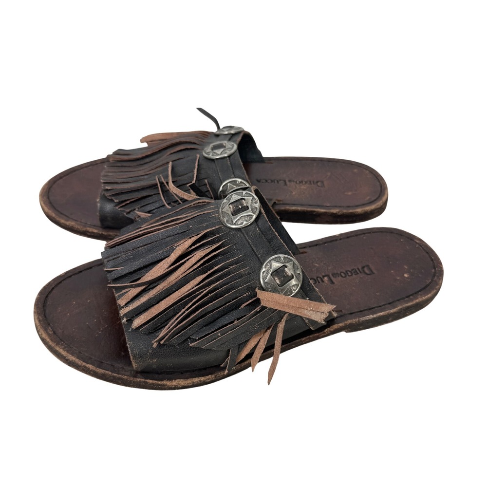 Diego di Lucca Brown Leather Fringe Concho Slide Sandals Womens 8 Western Boho